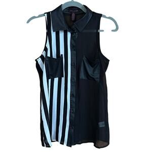 Material Girl Women's Black White Striped Sheer Sleeveless Blouse Sz S ~NWT~